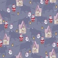 New Years pattern with Santa, fairy houses, snowman and lanterns. Lilac background with silhouettes of bulls.